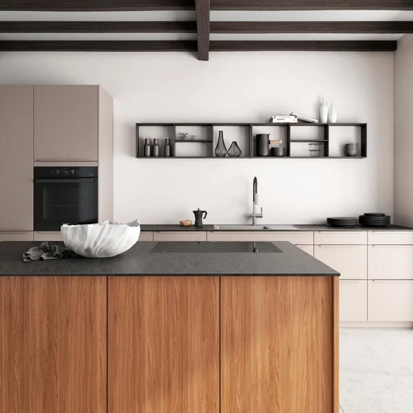 Walnut Island with Minimalist Upper Shelving