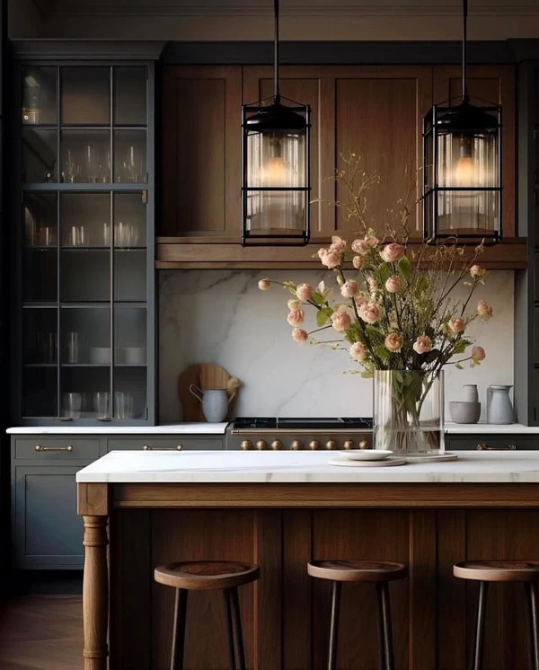 Pendant Lighting Over Walnut Island