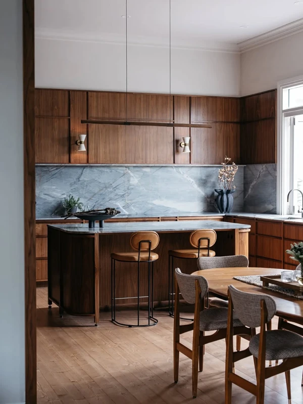 Walnut Cabinetry with Marble Elegance