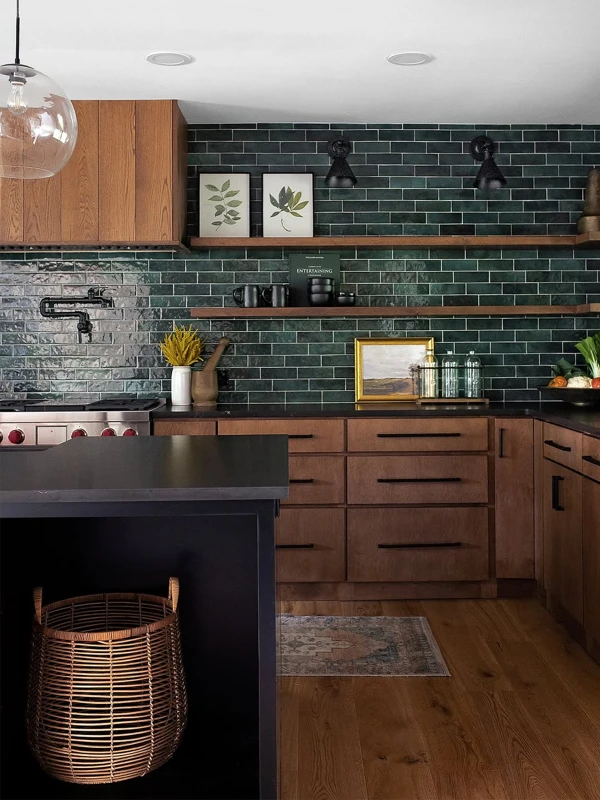 Green Tile Backdrop with Walnut Warmth