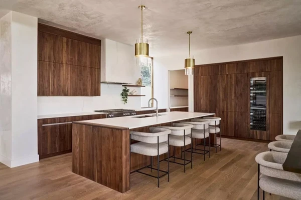 Walnut Kitchen with Brass Pendant Lighting