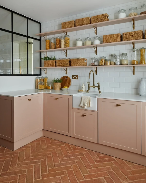 Peachy Cabinetry with Herringbone Flow