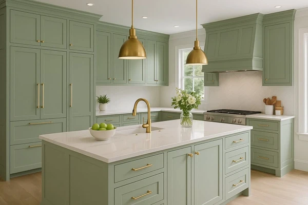 Sage Green Kitchen with Golden Accents