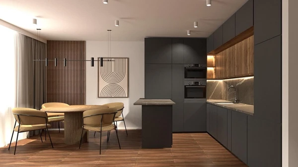 black and wood kitchen