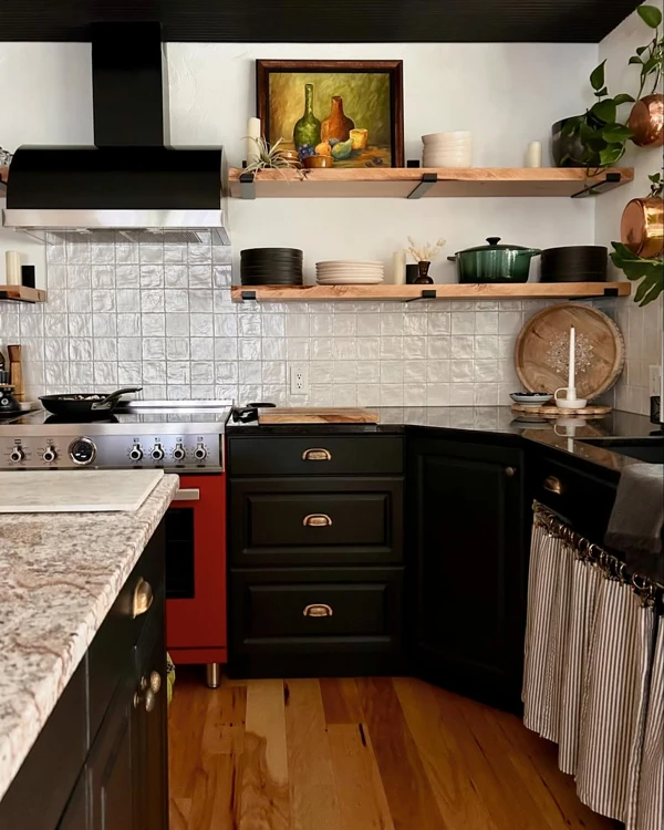 black and wood kitchen