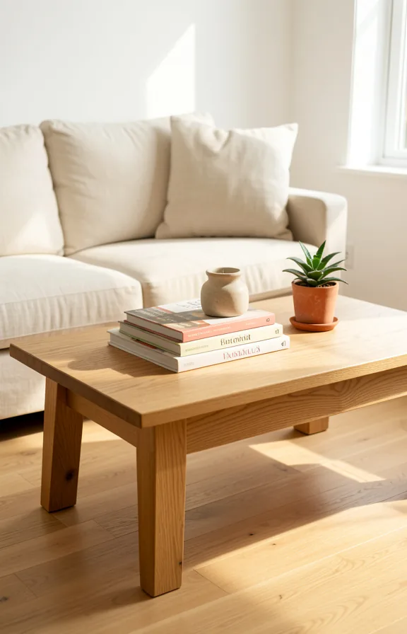 Wooden coffee table in natural light oak positioned in front of cream linen sofa