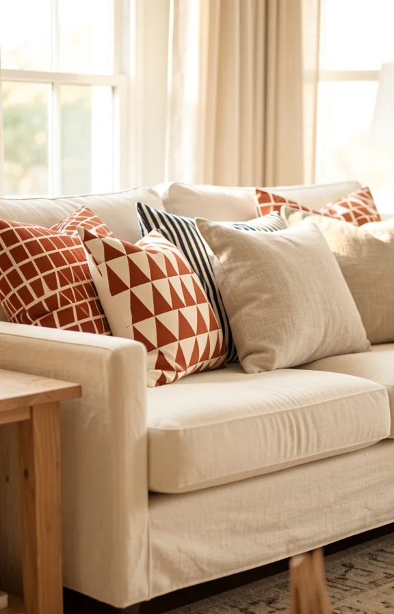 Cream linen sofa styled with geometric throw pillows in rust triangle pattern