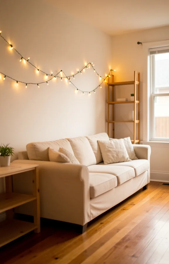 String lights draped across white walls above cream sofa in cozy living room
