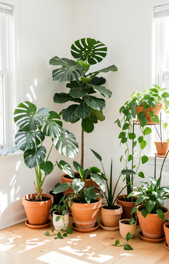Corner living room packed with tall potted plants including monstera