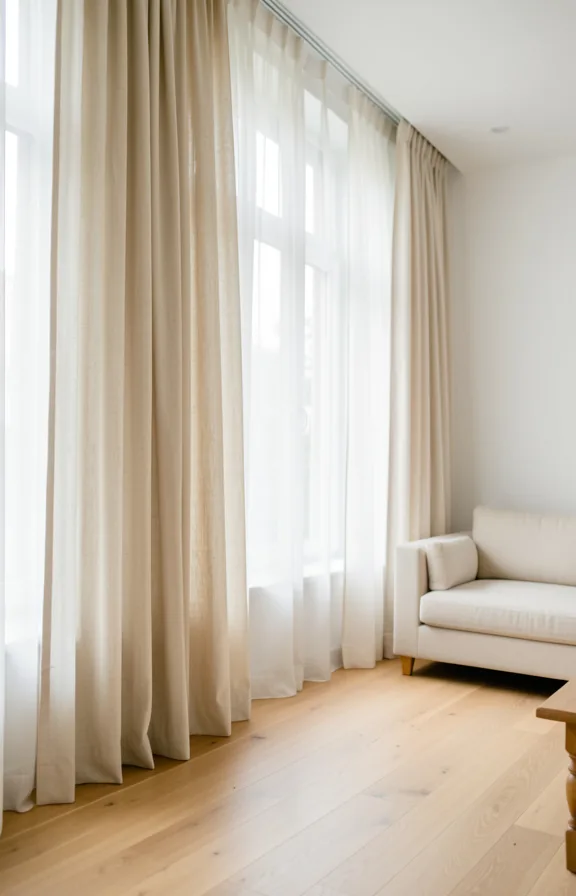 Large windows dressed with cream linen curtains in soft floor-to-ceiling drape