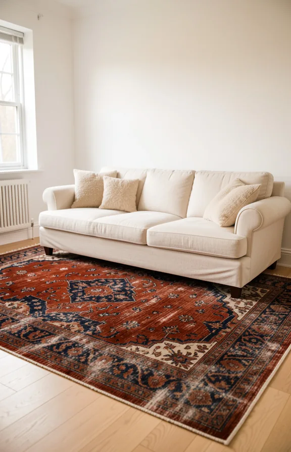 Worn vintage Persian area rug in deep rust and navy tones anchoring cream sofa in center of livin
