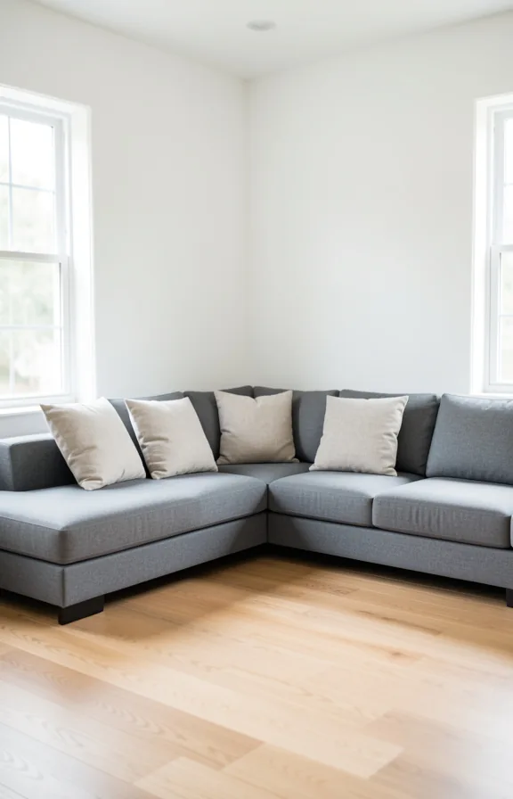Low-profile grey sectional sofa spanning corner of bright living room with light oak hardwood flo