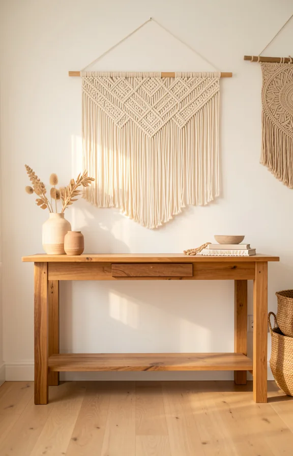 Macrame wall hanging in natural cream cotton suspended above wooden console table