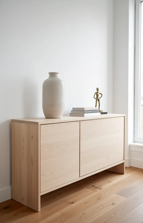 Minimalist credenza in light natural wood positioned against white wall