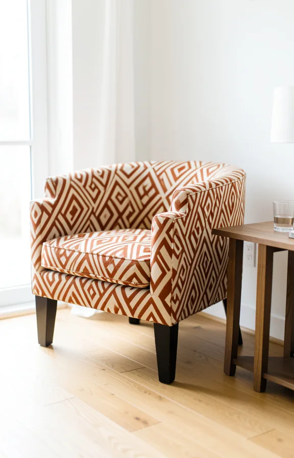 Living room anchored by patterned accent chair in geometric rust and cream print positioned besid