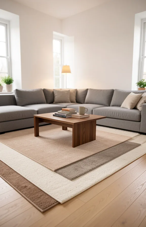Full living room perspective showing layered area rugs in cream and warm taupe on light oak flooring