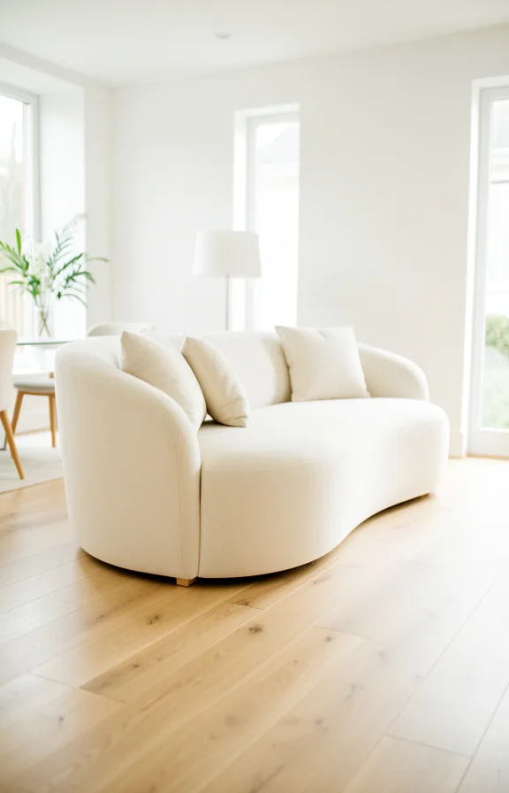 Curved cream linen sofa in gentle rounded silhouette positioned in center of bright living room