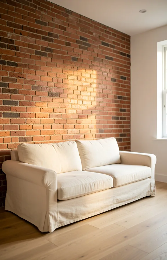 Living room featuring exposed red brick wall as backdrop