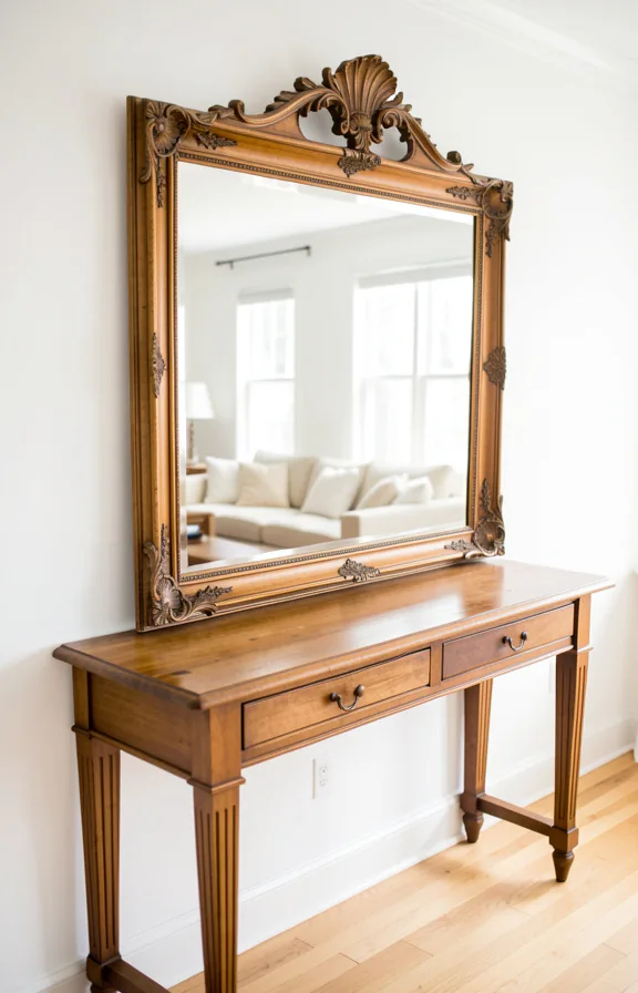 Large vintage wooden-framed mirror with ornate details mounted on white wall above wooden console