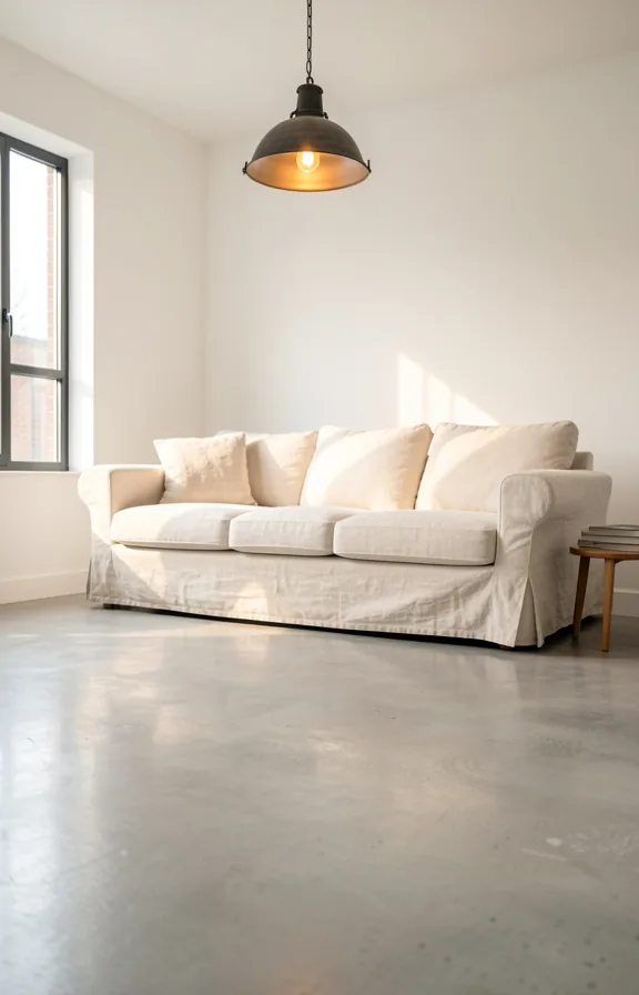 Living room featuring polished concrete flooring in light grey tone