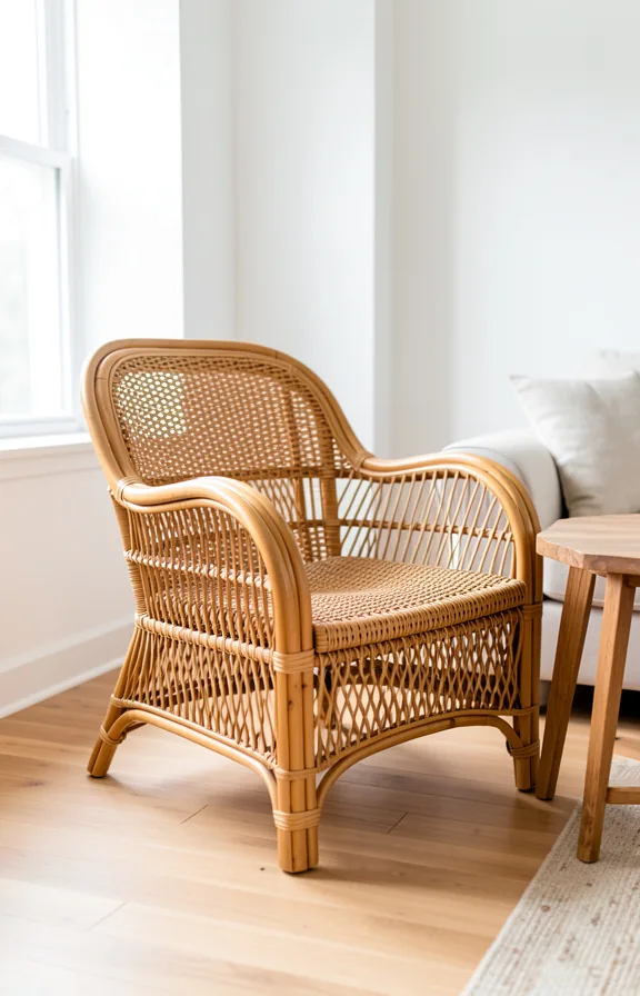 Rattan armchair with natural woven texture positioned beside small wooden side table in bright li