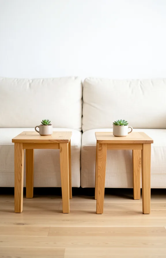 Two matching natural wood side tables flanking cream linen sofa in symmetrical arrangement