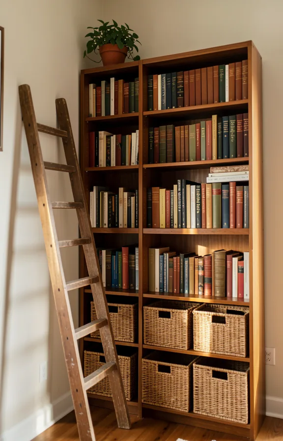Corner of living room featuring tall wooden bookshelf filled with hardcover books in earth tones