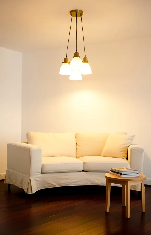 Ceiling-mounted pendant light cluster of three brass and frosted glass fixtures above cream linen