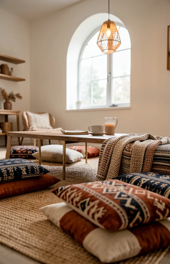 Low-angle shot of bohemian floor seating arrangement with layered patterned floor cushions in rust