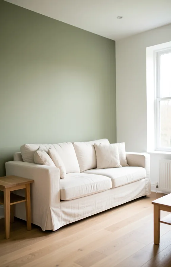 Living room with one accent wall painted in warm sage green