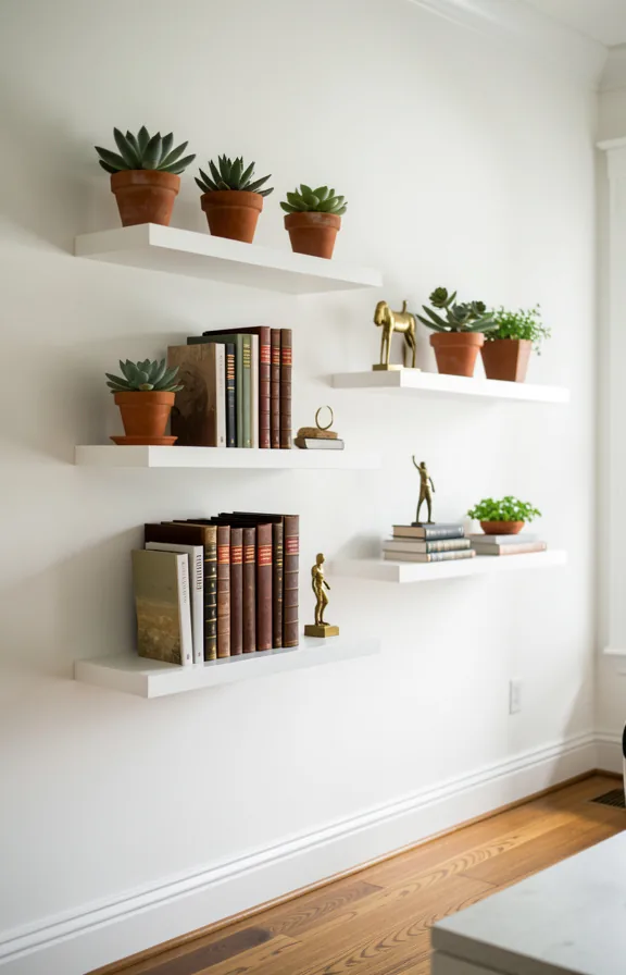 Living room wall featuring three floating white shelves at staggered heights displaying potted su