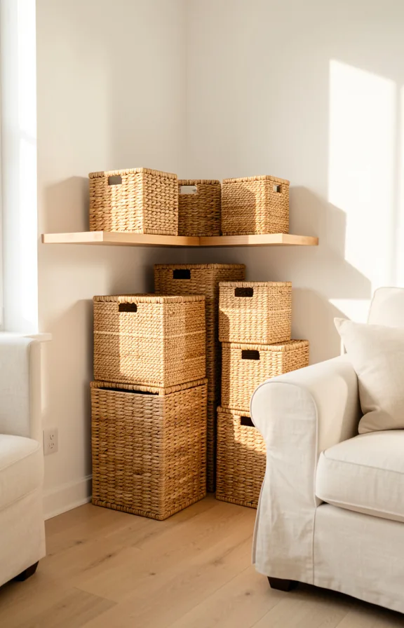 Corner of living room stacked with woven natural fiber baskets in varying sizes beneath floating