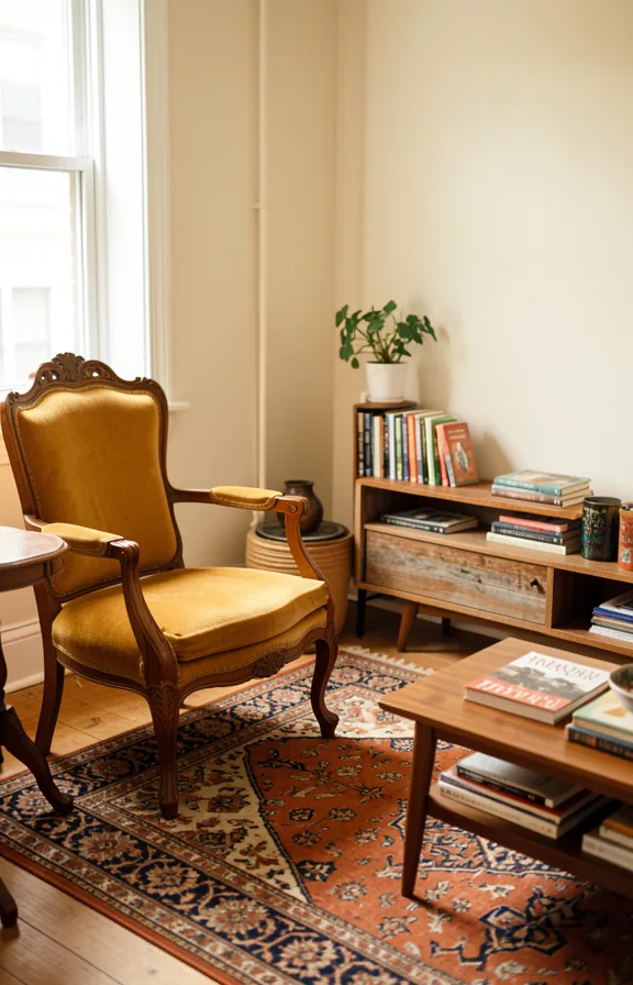 Living room featuring mismatched vintage furniture including ornate wooden armchair in honey tone