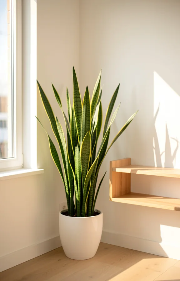 Bright corner of a modern apartment with a tall snake plant in a white ceramic pot