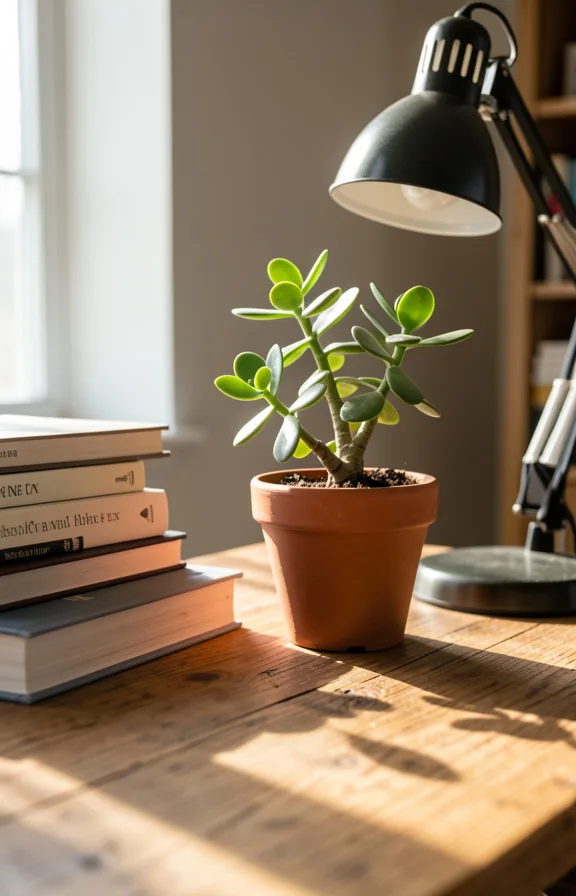 Desktop workspace featuring a small jade plant in a terra cotta pot next to stacked books and a d