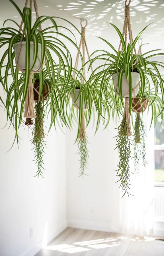 Ceiling-hung spider plants in macrame holders creating a vertical garden effect