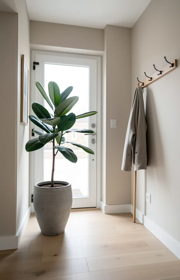 Entryway of apartment with large rubber plant in a tall grey ceramic pot near front door
