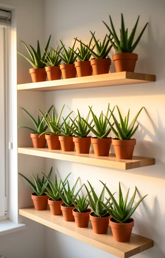 Open shelving unit displaying multiple aloe vera plants in small terracotta pots arranged across