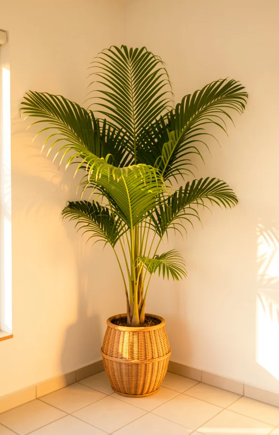 Corner of apartment featuring a parlor palm plant reaching toward ceiling in a woven rattan pot