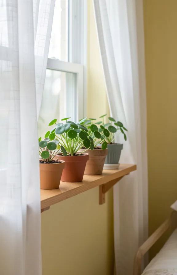 East-facing bedroom window with a collection of small peperomia plants on a simple wooden shelf