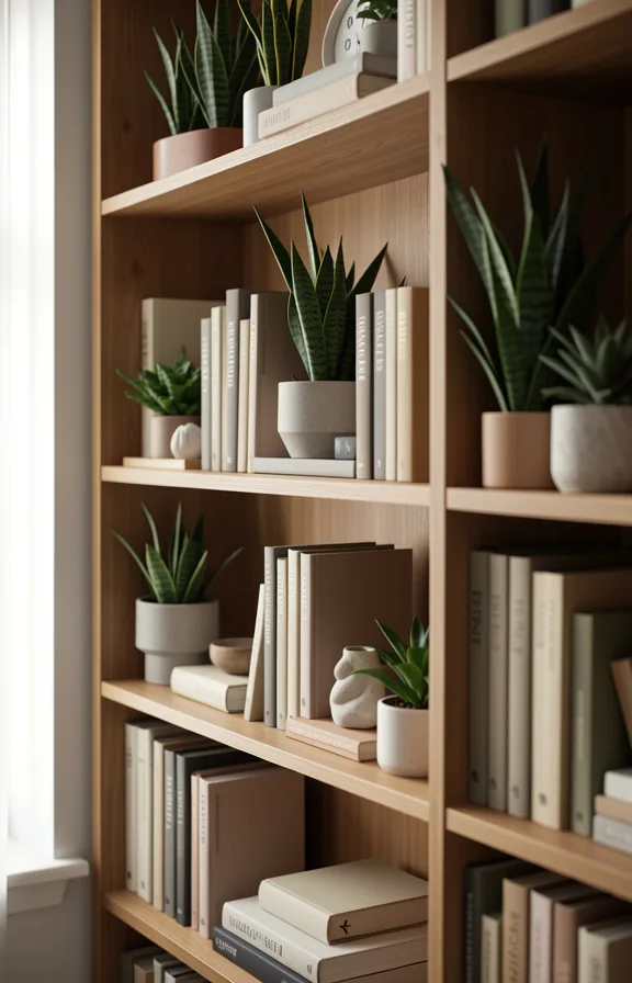 Bookshelf displaying sansevieria plants interspersed between books and decor objects