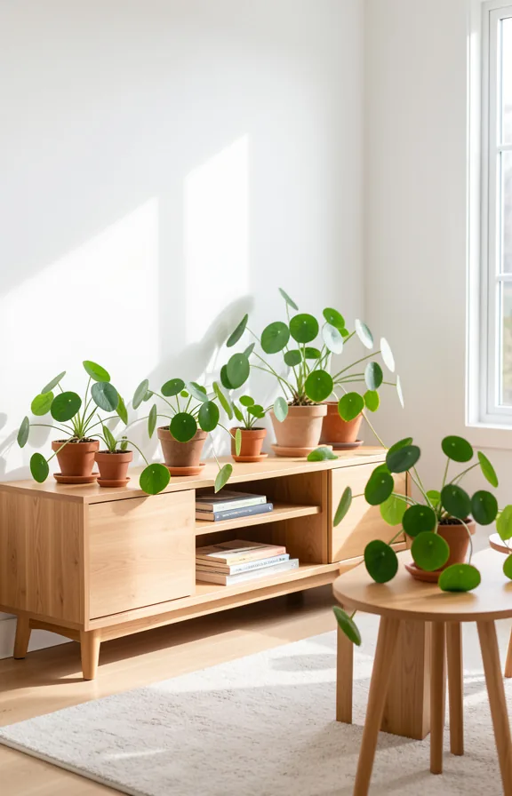 Living room with several pilea peperomioides plants scattered across a wooden media console and s