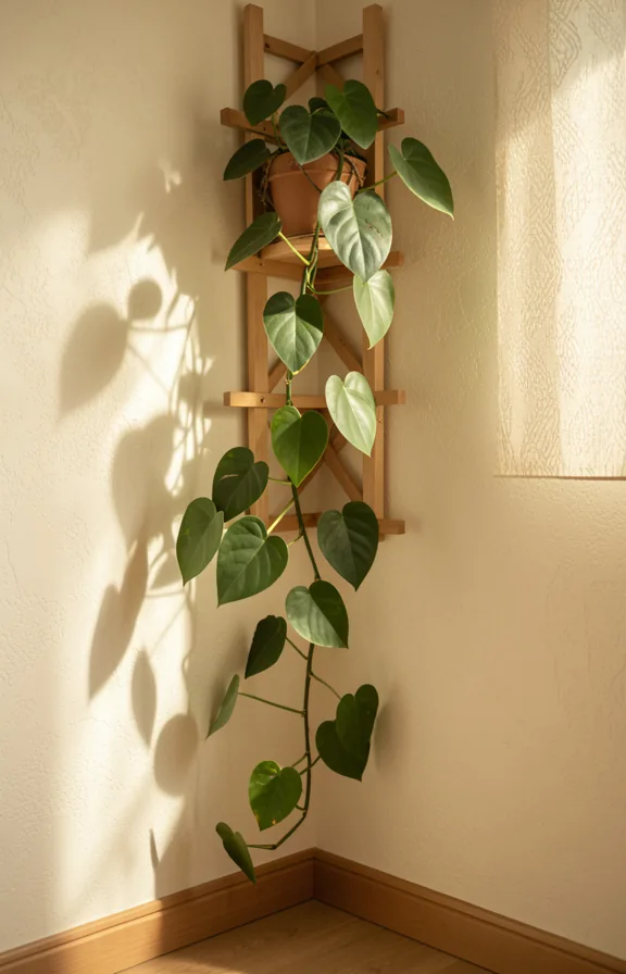 Wall corner with trailing philodendron plant climbing a wooden trellis in soft climbing formation