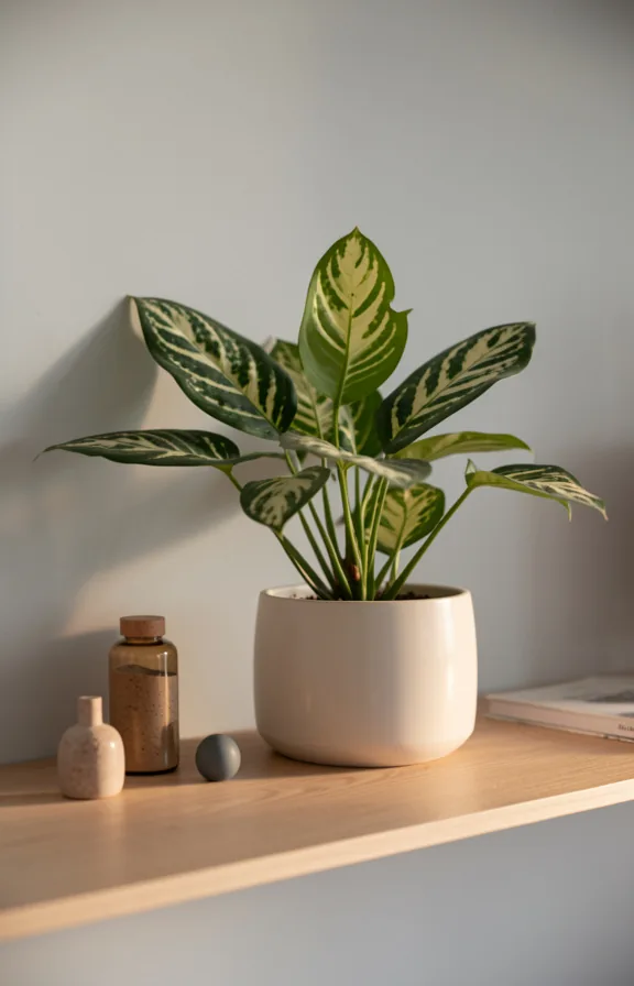 Apartment shelf arrangement with aglaonema plant in a sleek ceramic pot alongside small decor objects