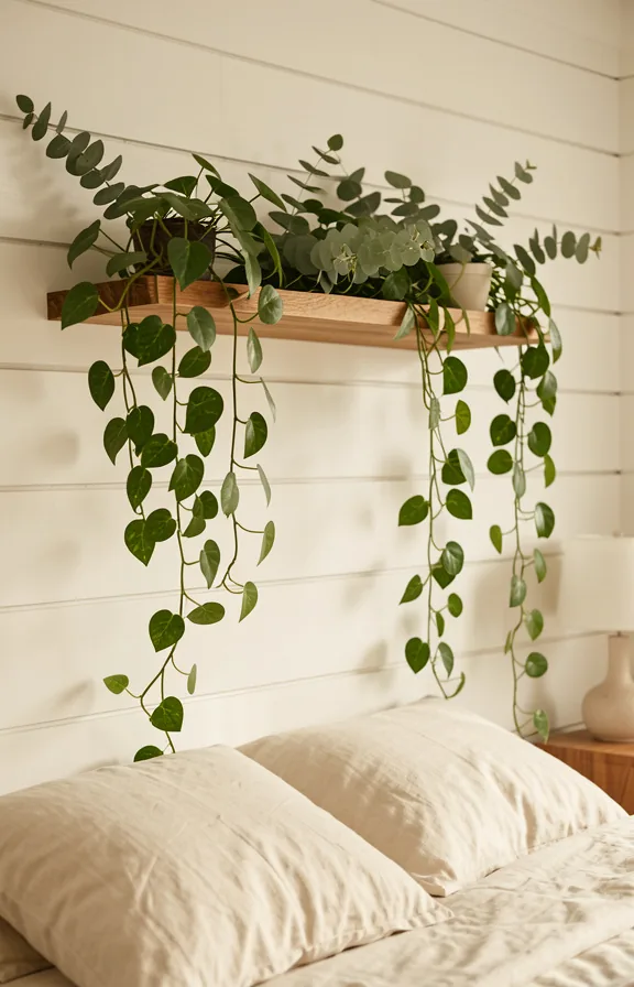 Bedroom wall with trailing pothos vines cascading from a wooden floating shelf