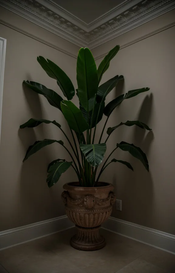 Corner plant arrangement with large cast iron plant in an ornate pot