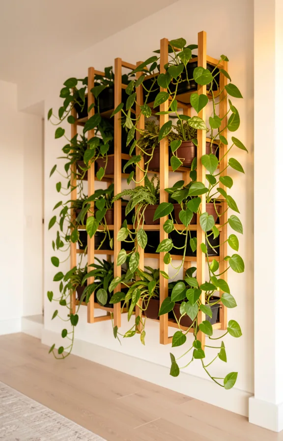 Interior living wall framework on apartment wall with multiple pothos plants trained across woode