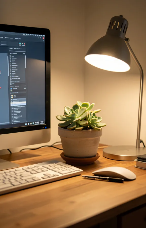 Study desk corner with small echeveria succulent in a ceramic pot next to monitor and work supplies