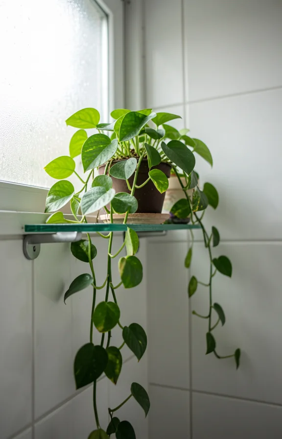 Bathroom shelf with pothos plant thriving in humid moisture-rich environment
