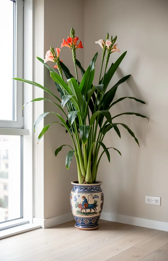 Floor space of apartment corner with tall clivia plant in decorative pot reaching substantial height